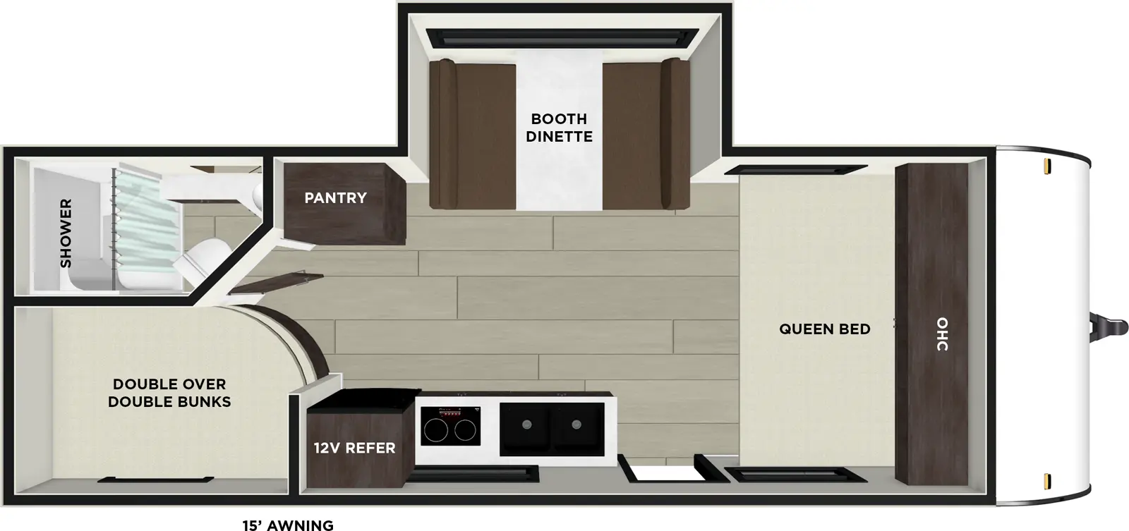 The Salem FSX 178ICE floorplan has one entry and one slide out. Exterior features include: metal exterior and 15' awning. Interiors features include: bunk beds and front bedroom.